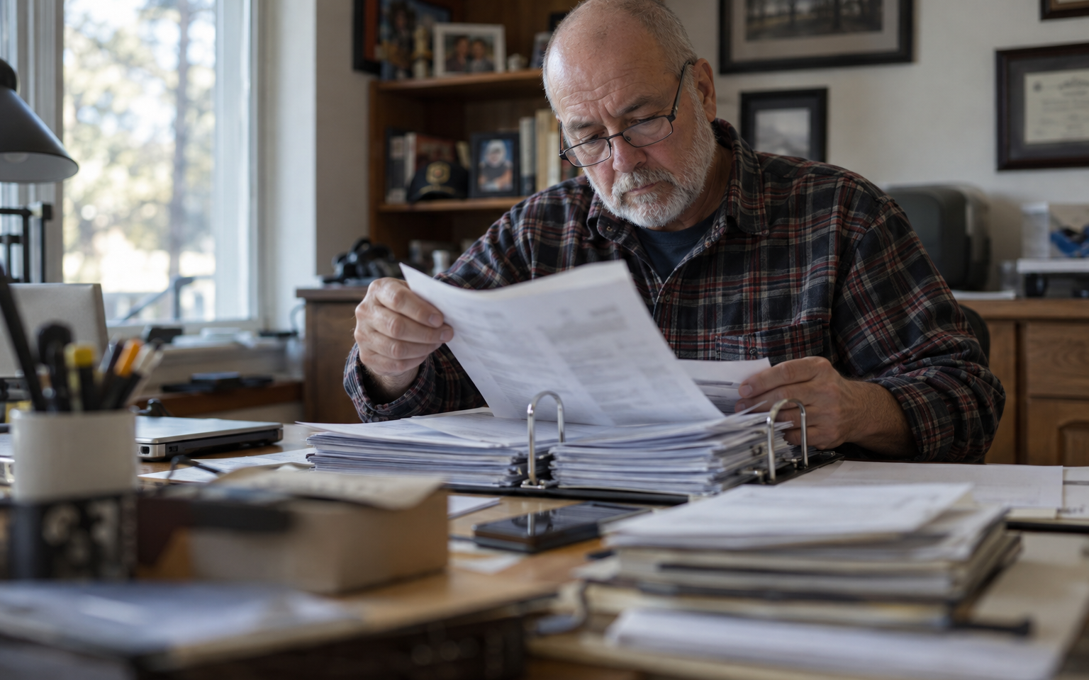 An older veteran sorting his medical records into a binder at his desk