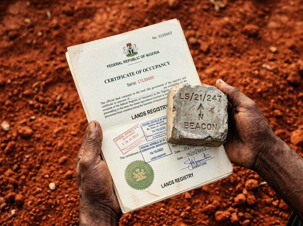 Hands holding an official Nigerian land title document and a survey beacon marker on red earth soil