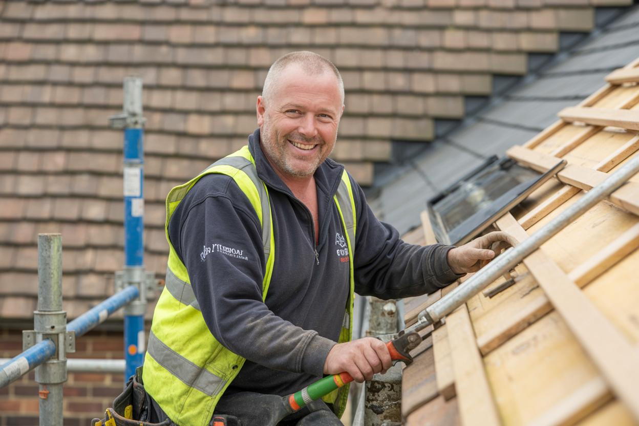 A Furness Roofing tradesman fitting slate tiles on a pitched roof in West Yorkshire