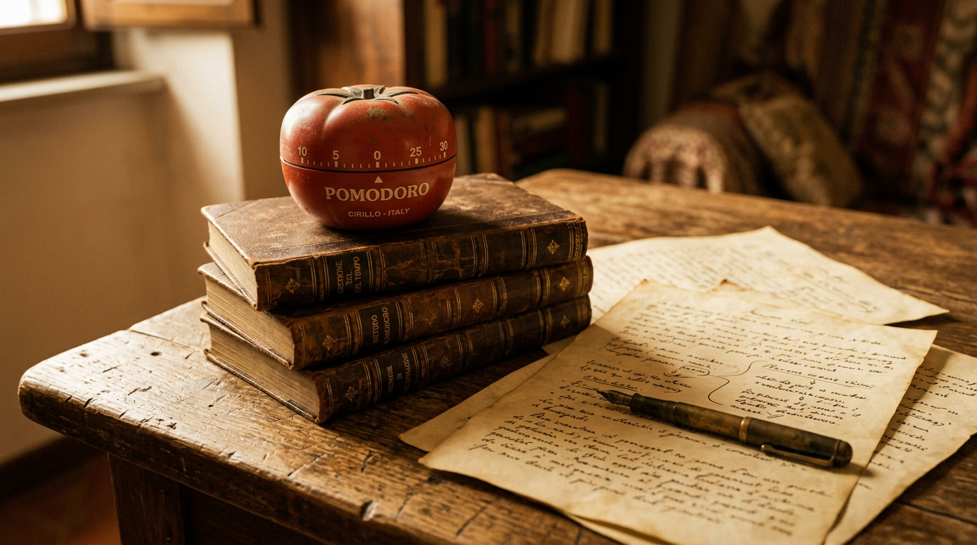 Timer vintage italiano com livros antigos evocando a origem do método Pomodoro