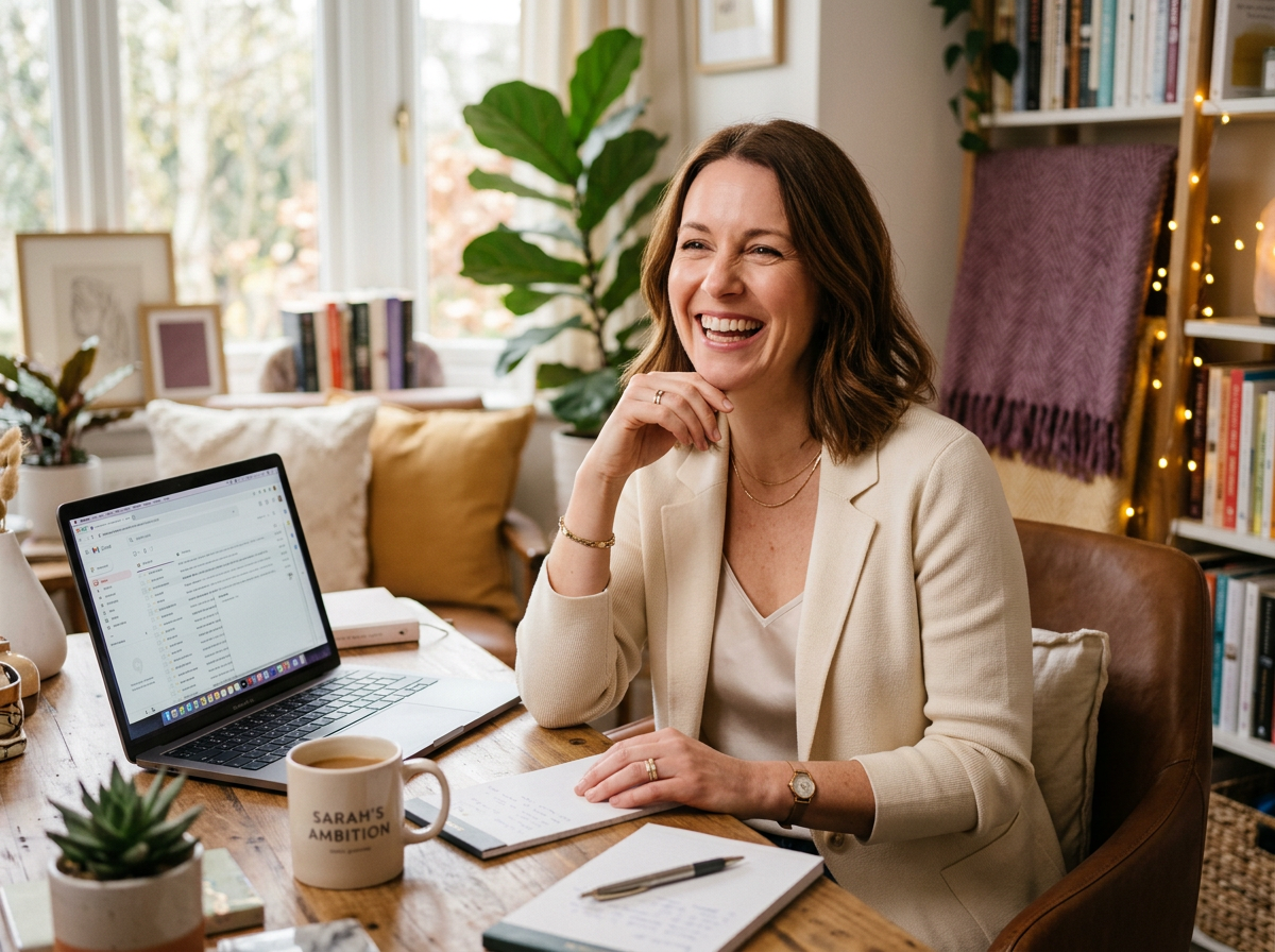 Woman business owner laughing and relaxed at her desk with a laptop and coffee