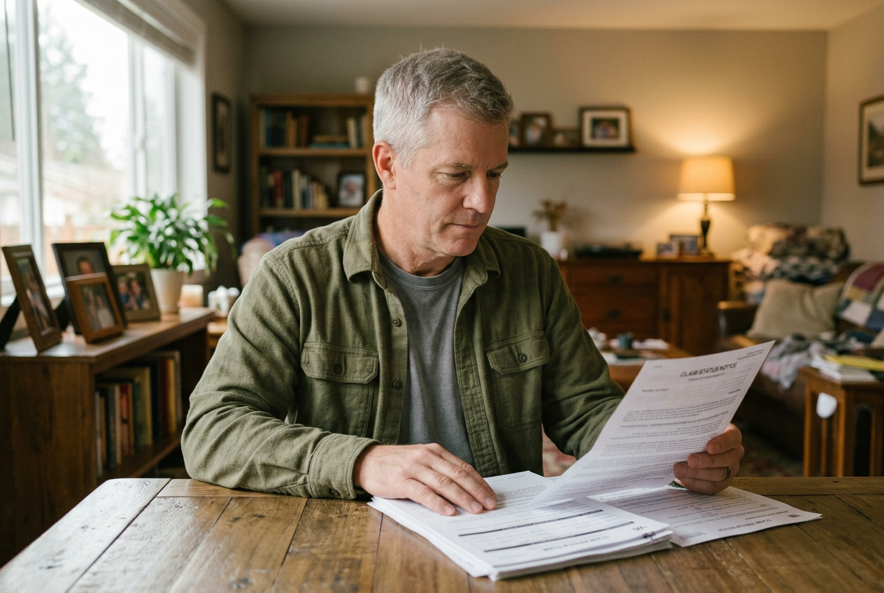 A mature military veteran calmly reading claim paperwork at a home table