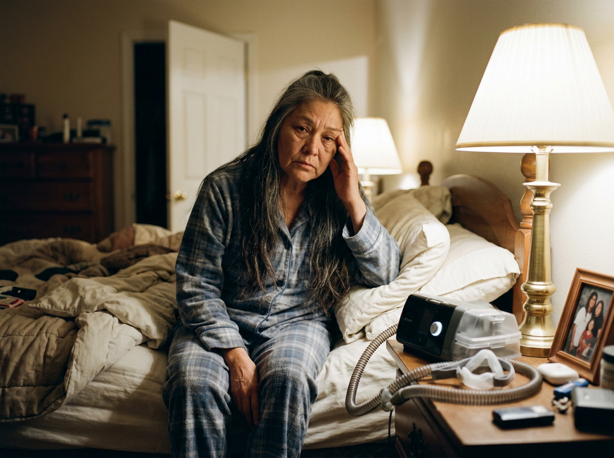 A veteran in her 50s sitting on the bed with her CPAP mask