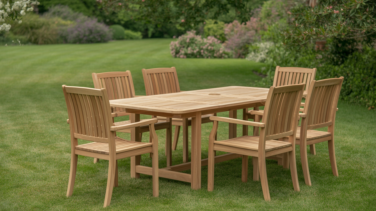 Premium teak outdoor dining set in English garden