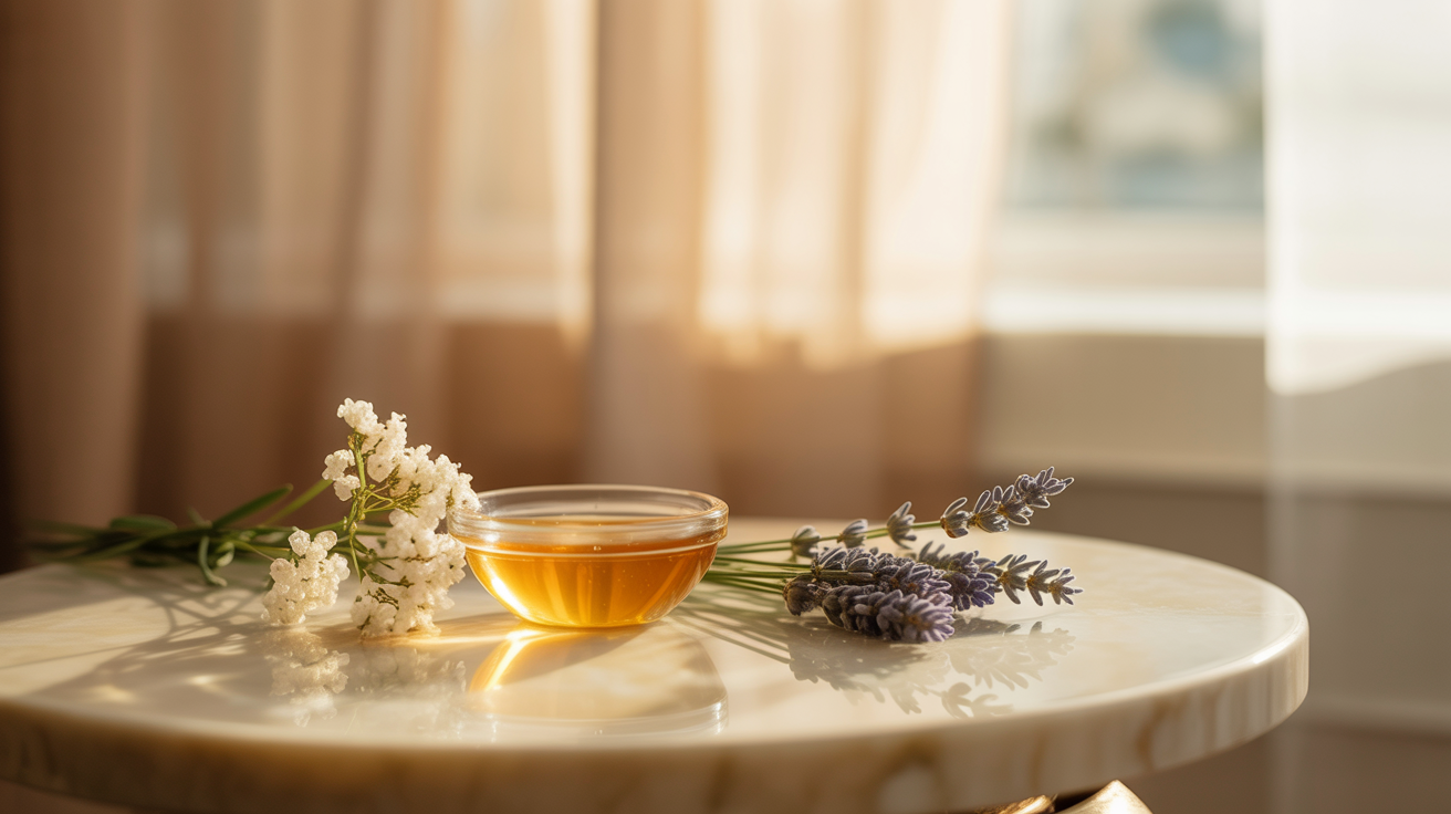Natural skincare ingredients arranged on a marble surface with soft golden light