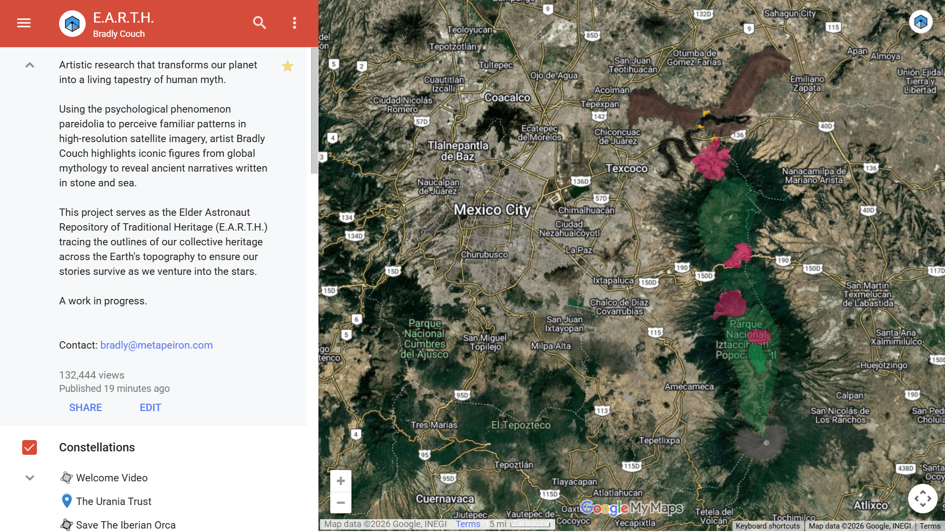 Satellite imagery from Google Maps revealing the outline of the Aztec Eagle in the topography surrounding Mexico City — geomythological evidence from the E.A.R.T.H. research dataset