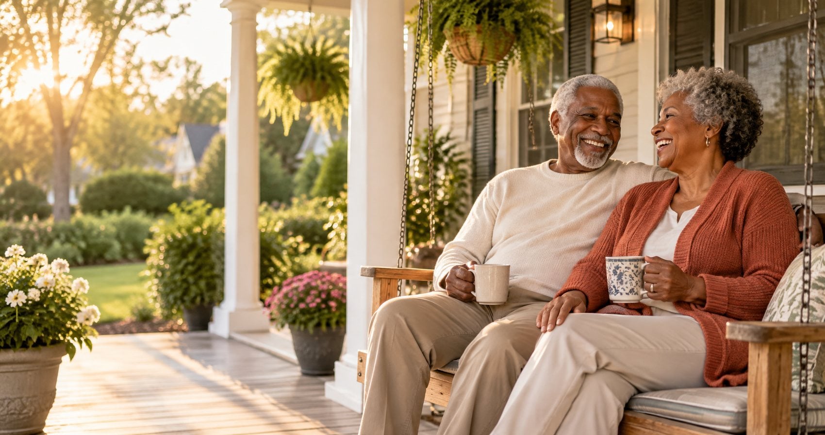 Retired couple laughing together with coffee on a porch swing