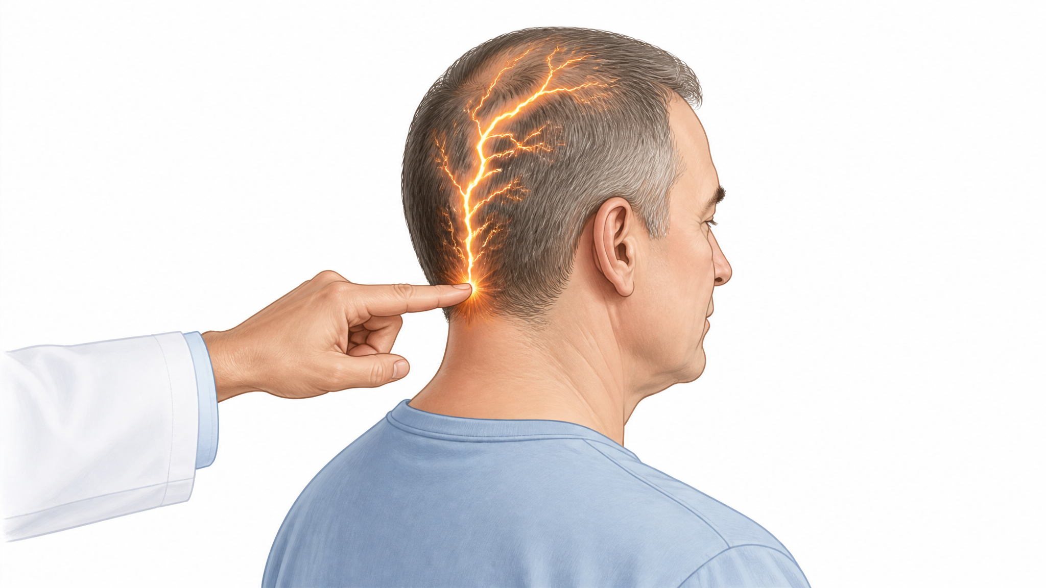 A clean medical illustration of a clinician tapping a point at the base of a seated patient's skull with a hot-orange shock traveling up over the scalp