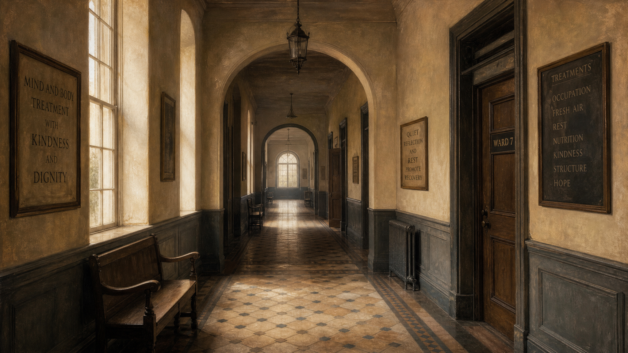 A corridor in a historical psychiatric institution, soft light through tall windows