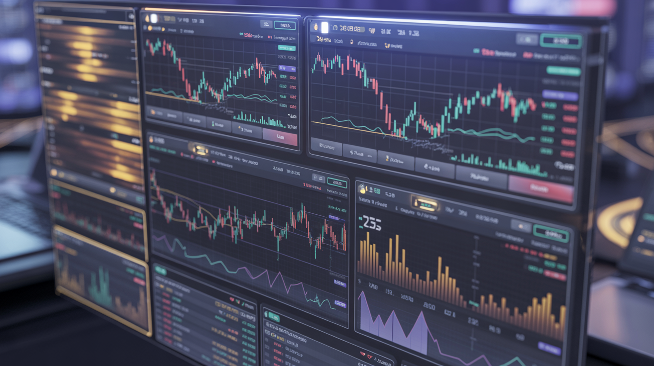 Dashboard de trading automatizado con gráficos de criptomonedas y visualizaciones de datos en tiempo real