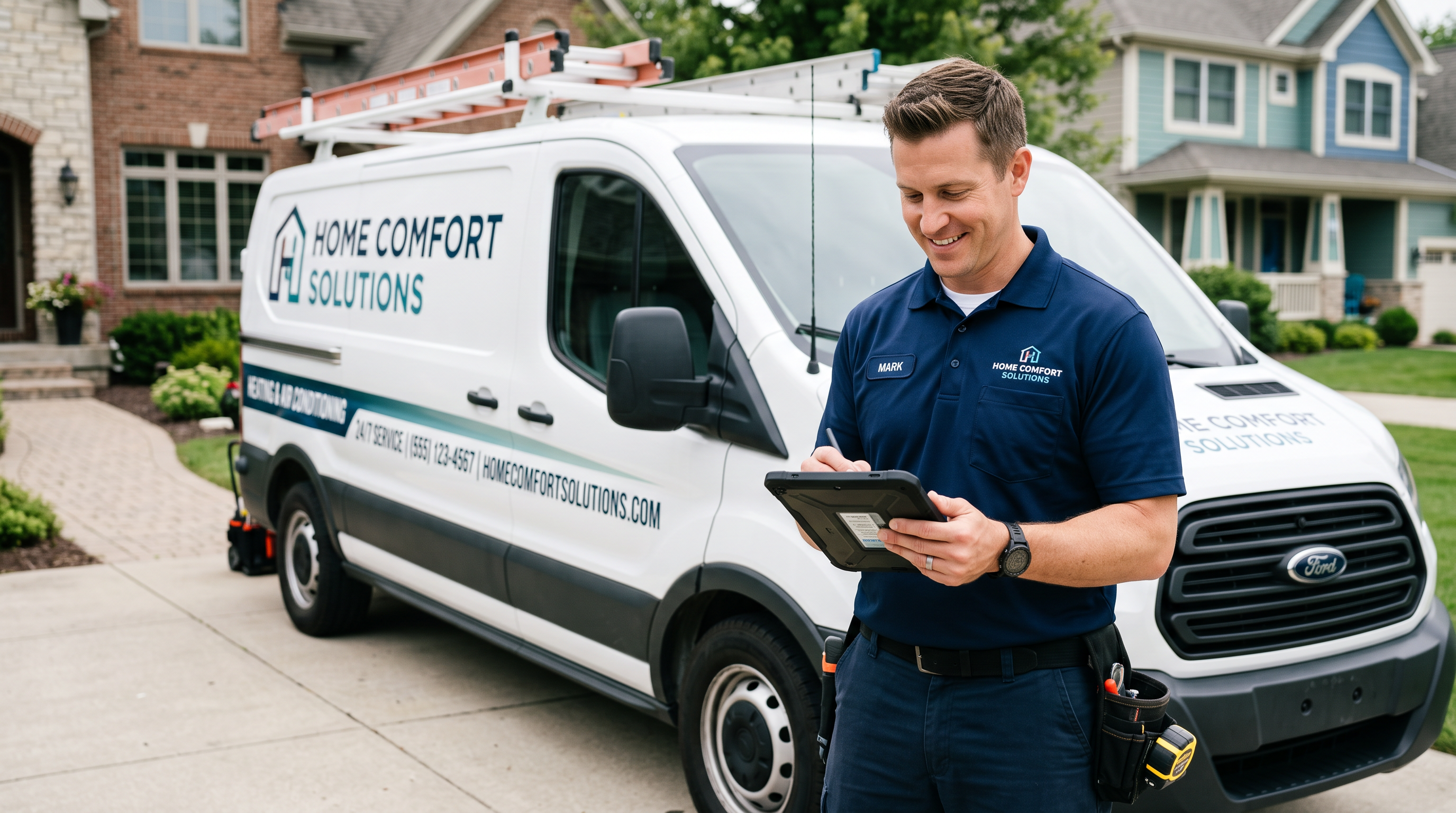 HVAC technician reviewing job details on a tablet beside a service van