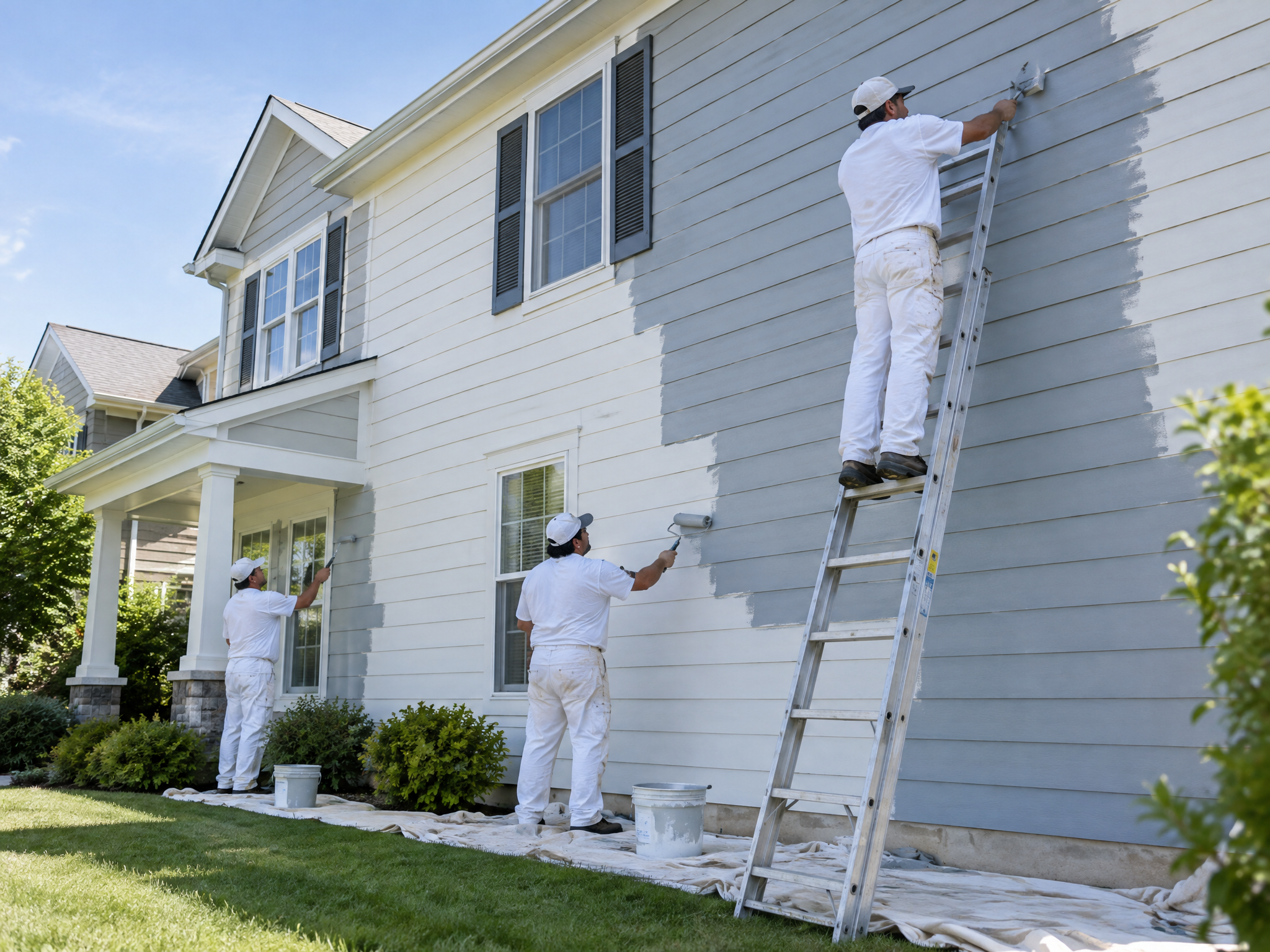 Painting crew working on a house exterior