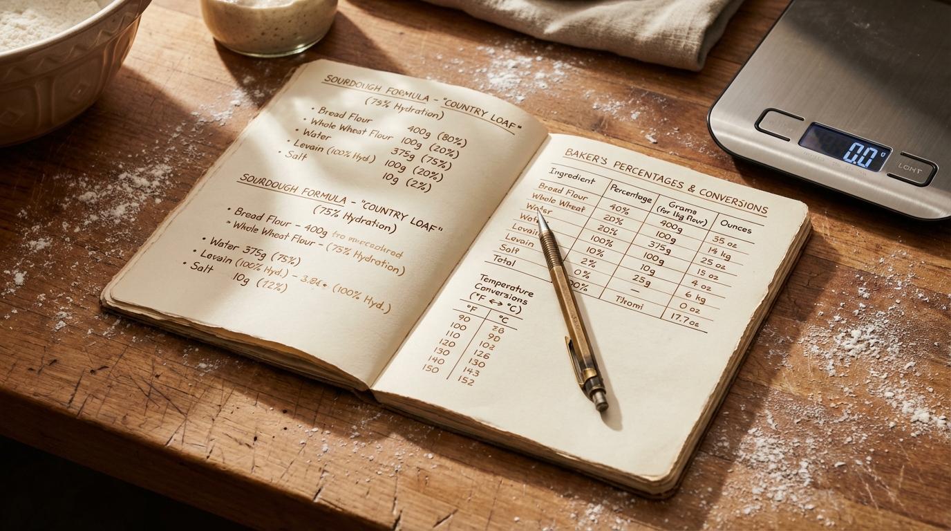 Baker notebook with handwritten sourdough formulas, percentages, and conversion tables on wooden counter