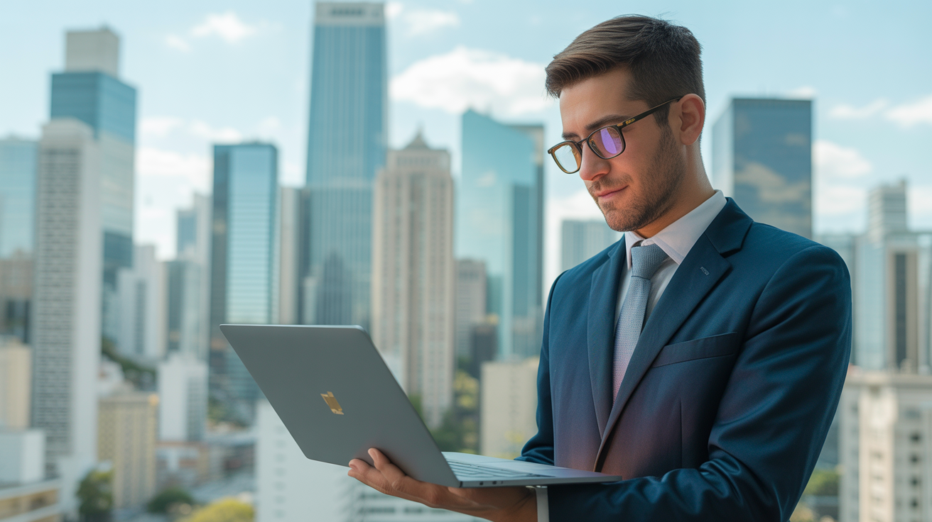 Trader brasileiro confiante usando plataforma Casatrade