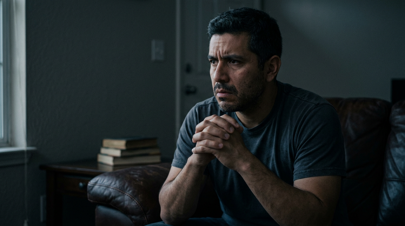 A Hispanic male veteran in his late 30s sitting alone in a dimly lit living room, hands clasped tightly, staring anxiously into the distance with a tense, worried expression