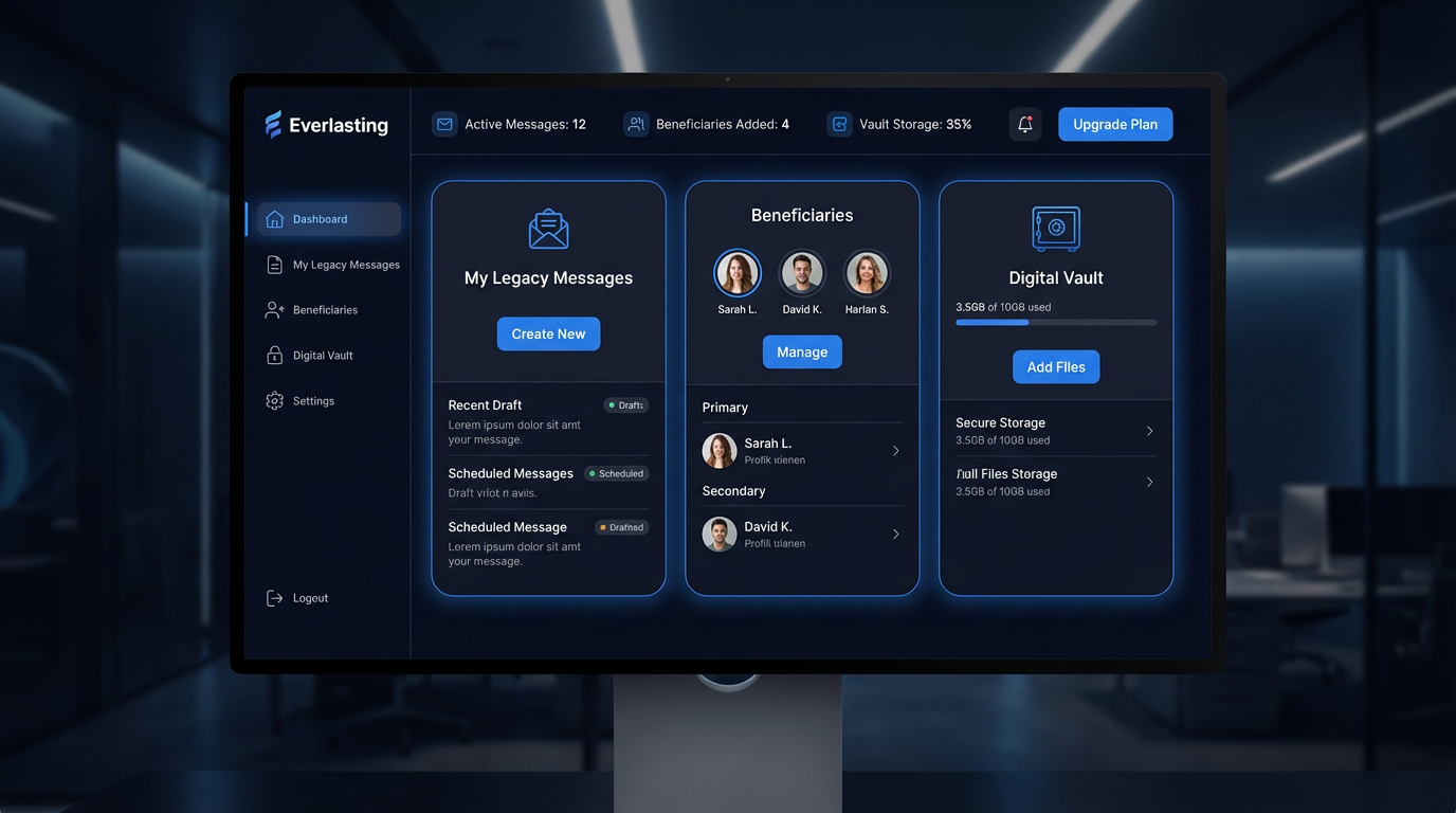 Everlasting dashboard preview showing legacy messages, beneficiaries and digital vault