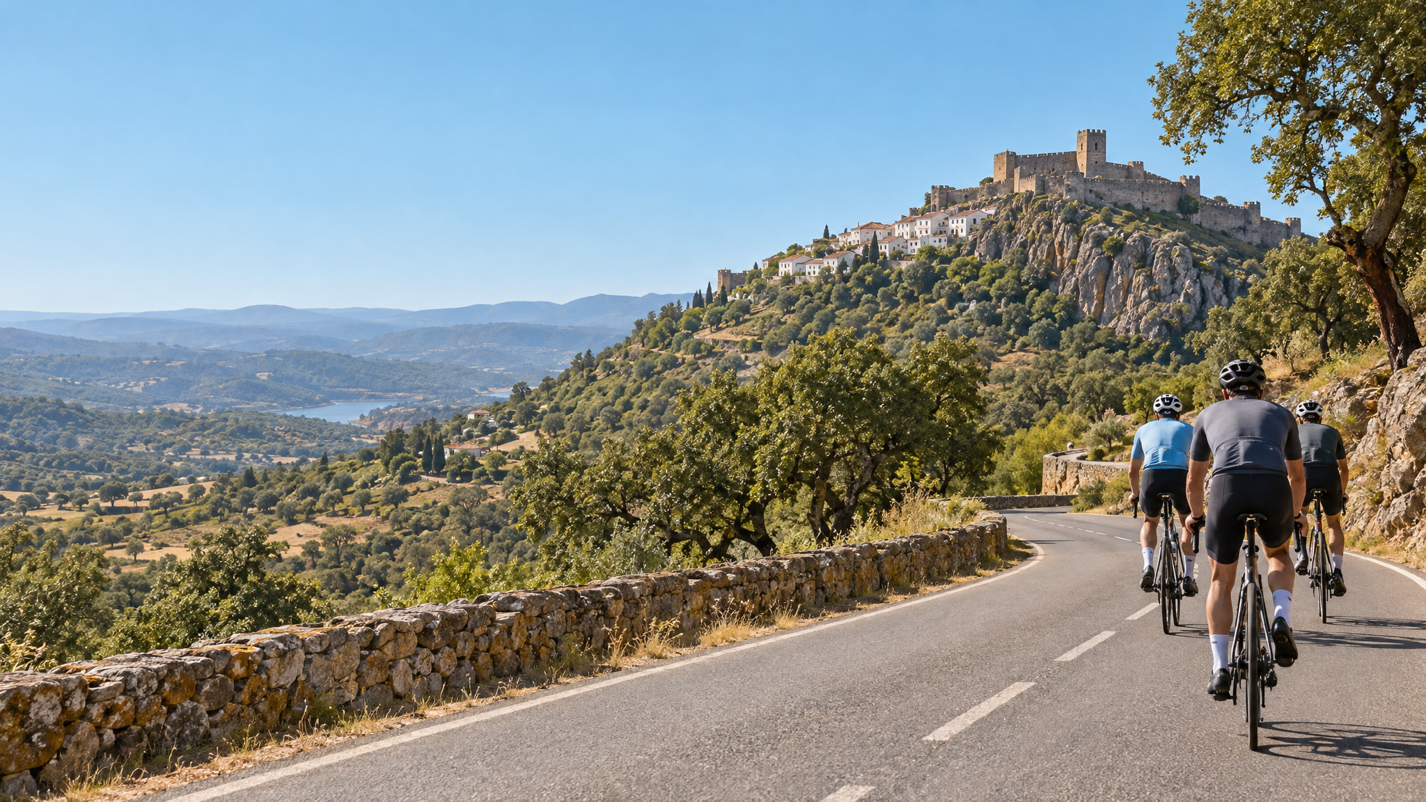 Ciclistas de estrada a passar por Marvão no São Mamede Granfondo