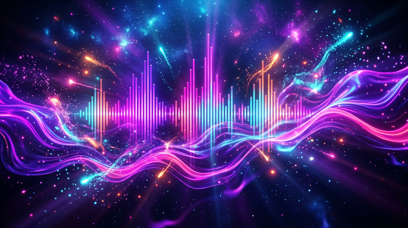 AI music visualizer example with vibrant neon waves, equalizer bars and cosmic particles