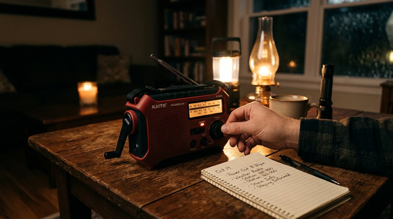 A hand-crank emergency radio on a wooden table with a notebook and pen in warm lamp light, a hand adjusting the dial
