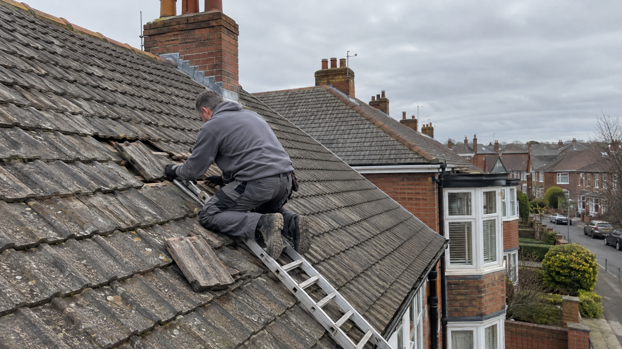 Roofer replacing broken concrete tiles on UK semi-detached house