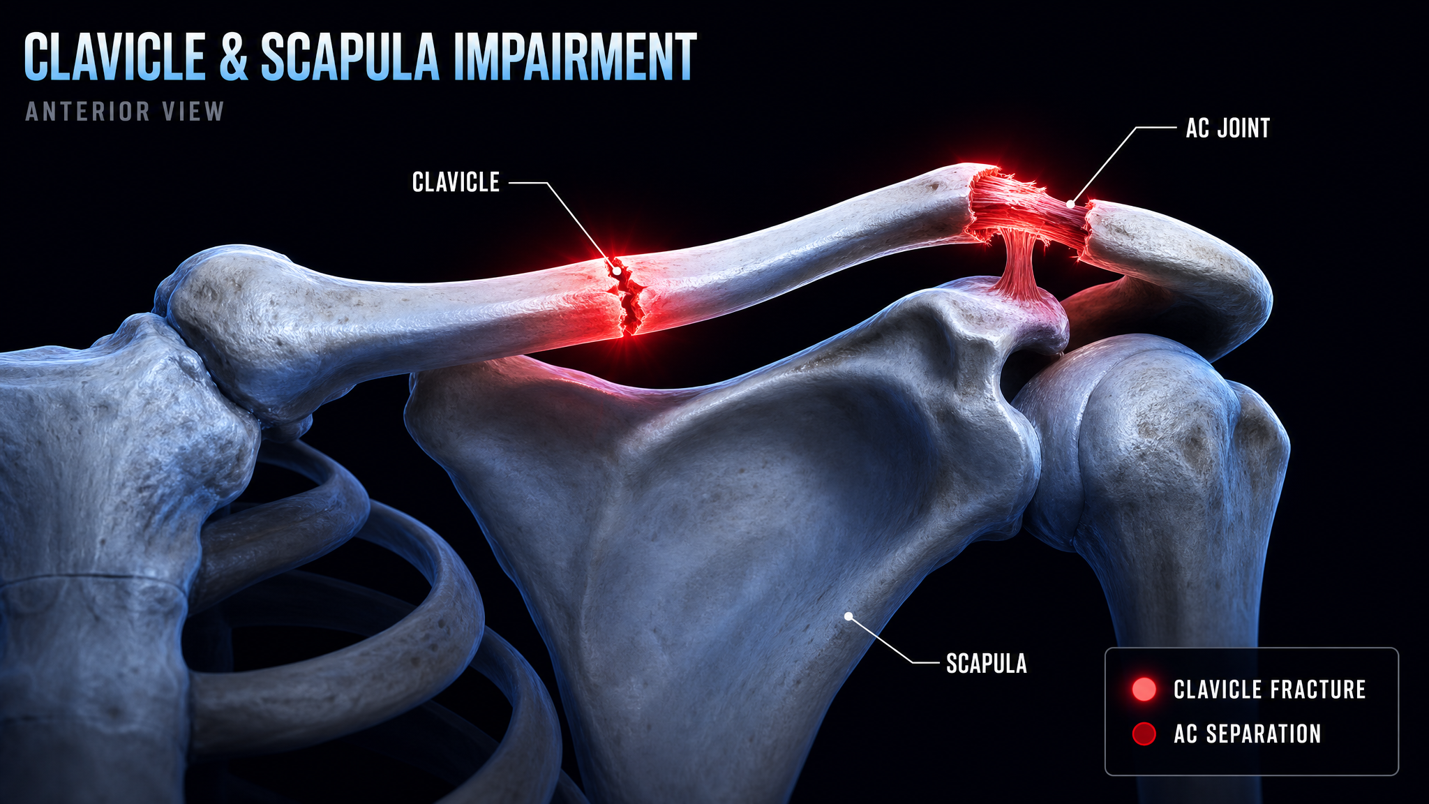 Front-view diagram of the clavicle and scapula showing a clavicle fracture