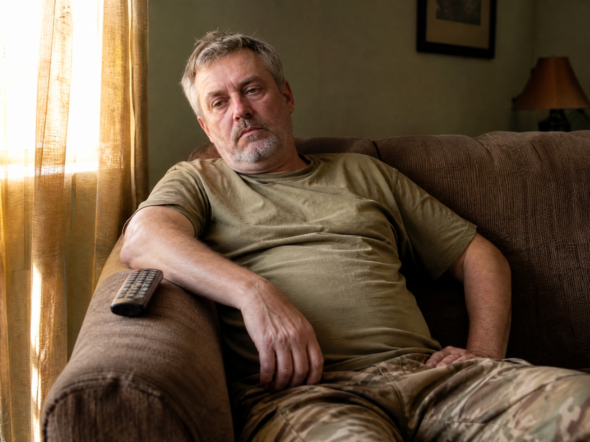 White male veteran in his 50s sitting exhausted and slumped on a couch in his living room looking completely drained from cardiac fatigue