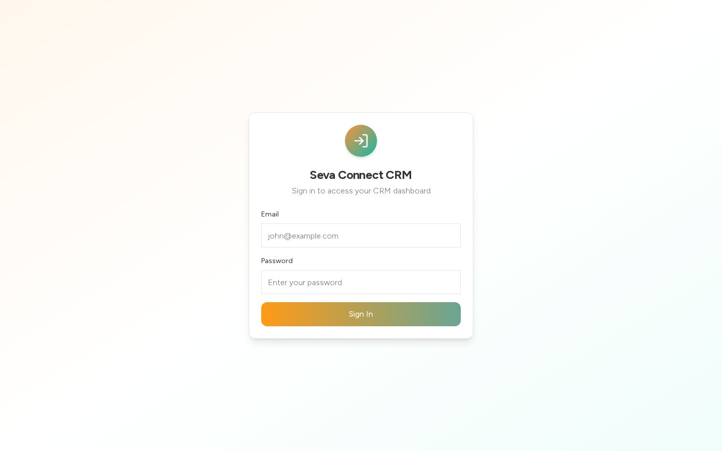 Seva Connect CRM login page with gradient design