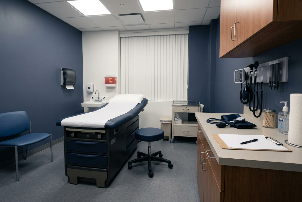 A clean, empty Compensation and Pension medical examination room with an exam table and clipboard