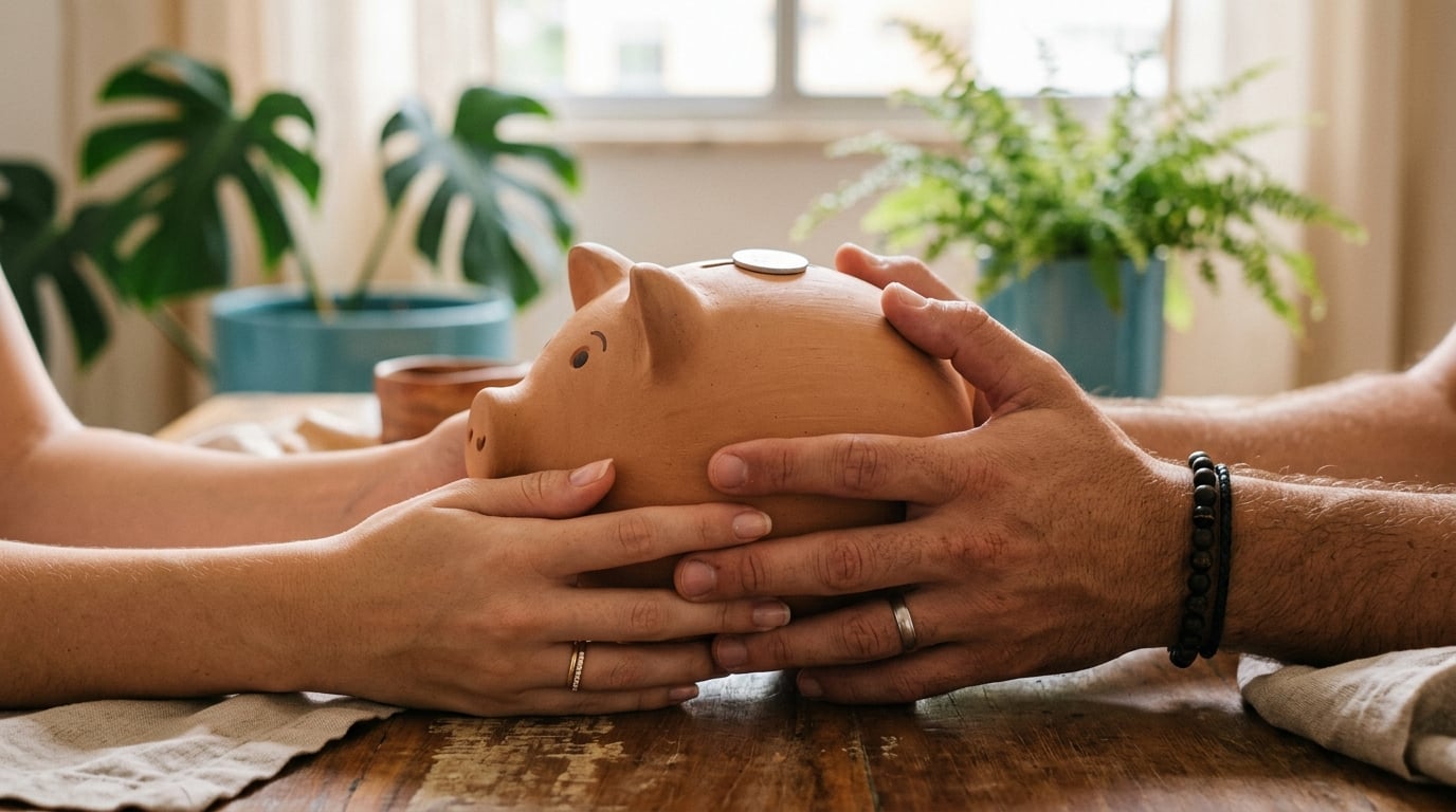 Mãos de casal segurando cofrinho juntos, simbolizando economia compartilhada