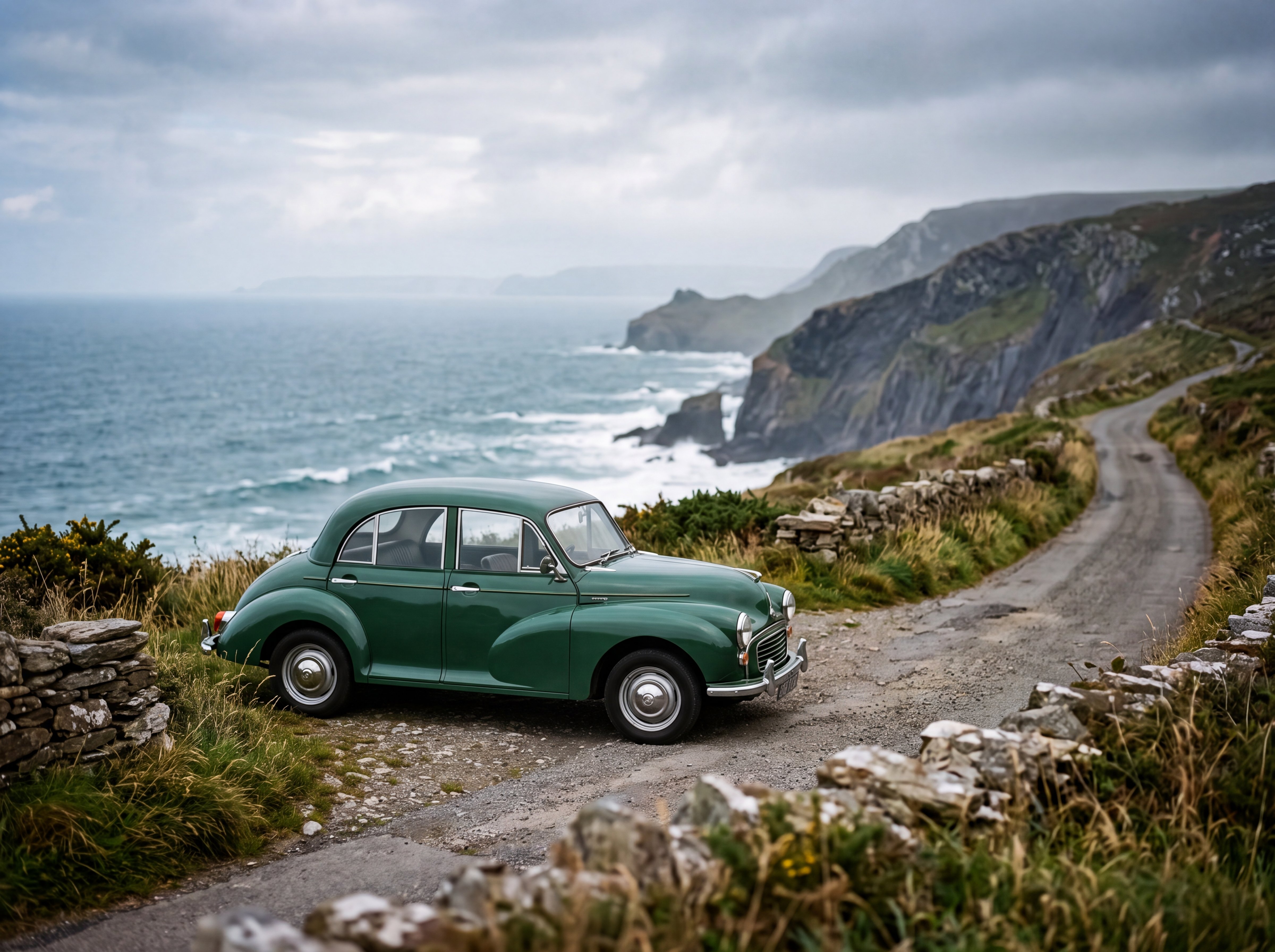 1967 green Morris Minor on a Cornish clifftop lane with the sea below