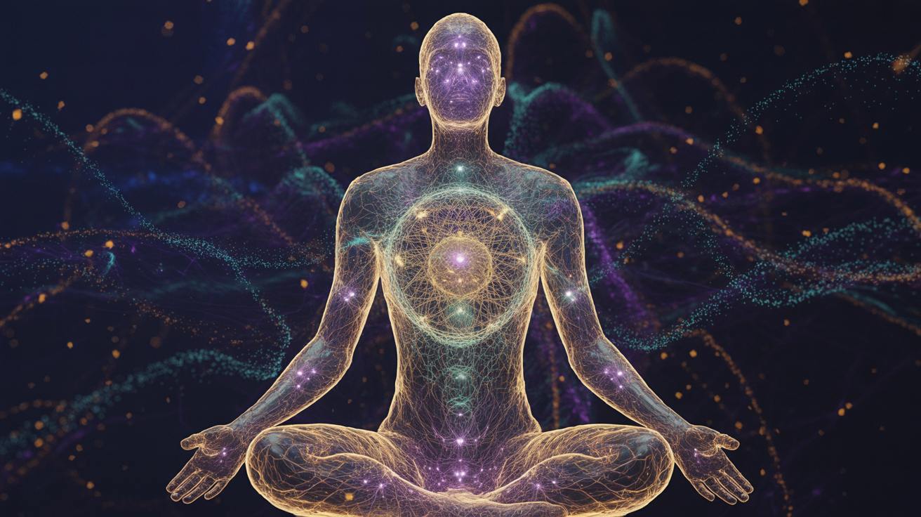 Apstraktna slika siluete u meditaciji od svetlećih neuralnih niti koje formiraju mandalu. Tehnologija i duhovnost prikazane kroz meditativnu figuru sa kvantnom energetskom mrežom i svetlosnim centrom svesti u telu