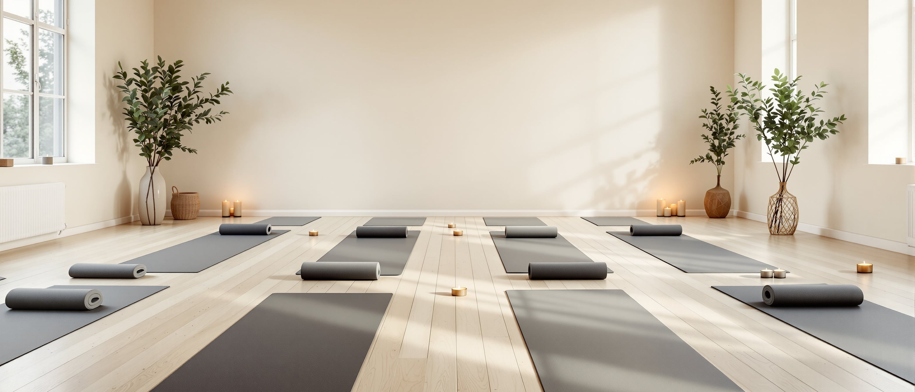 Estudio de wellness minimalista con yoga mats y luz ambiental suave