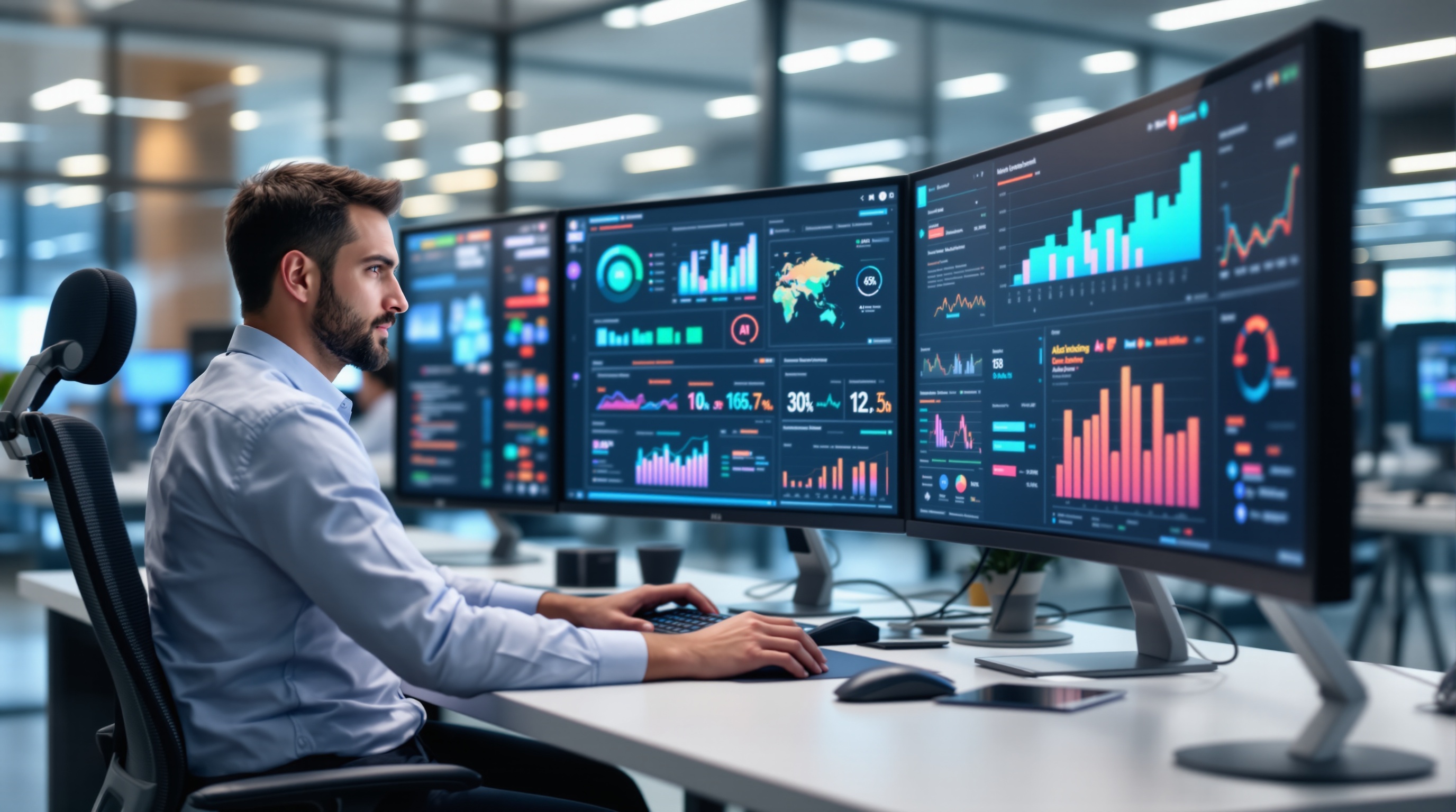 analiza podataka na više monitora poslovna inteligencija digitalni dashboard veštačka inteligencija