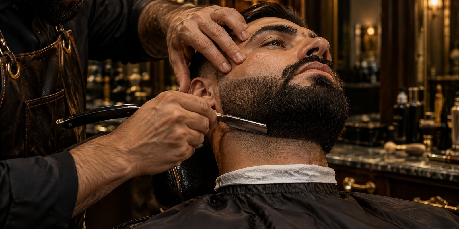 Barba masculina sendo alinhada com navalha em barbearia de Sorocaba