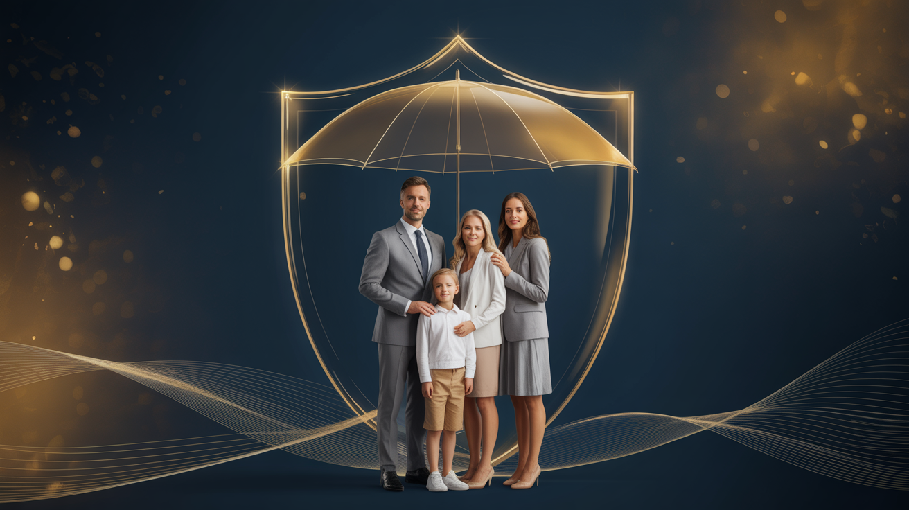 Family protected by golden shield representing life insurance and financial security