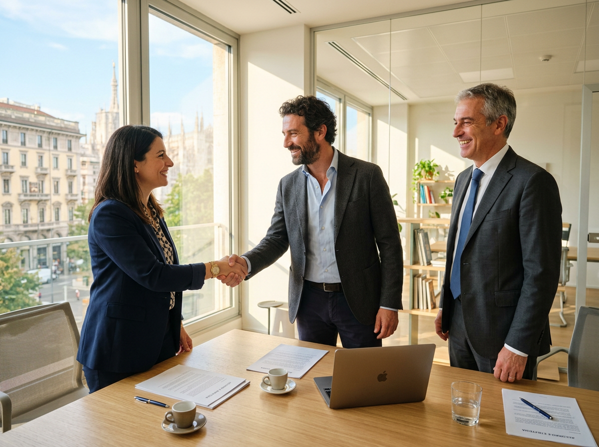 Imprenditori si stringono la mano insieme a un consulente Confdistribuzione