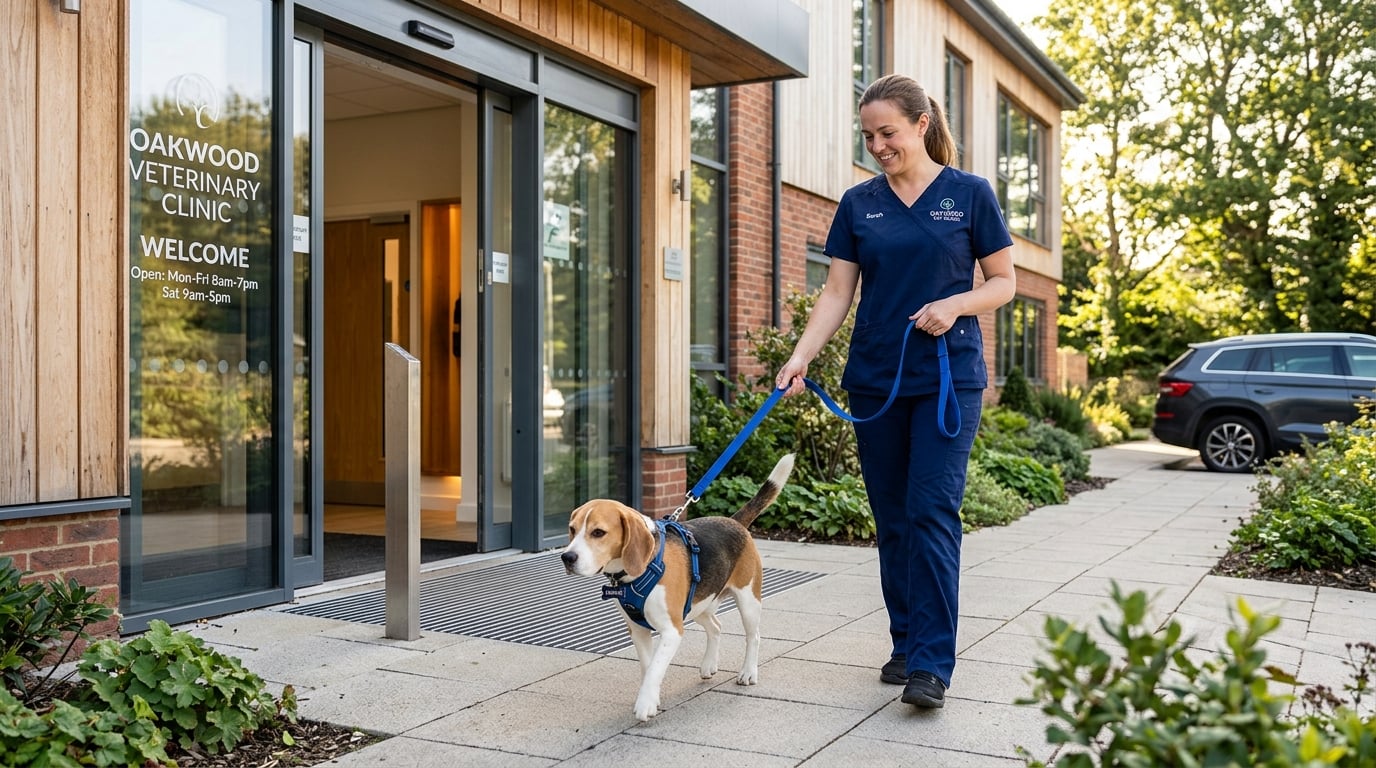 A calm beagle arriving at a veterinary clinic with a professional handler