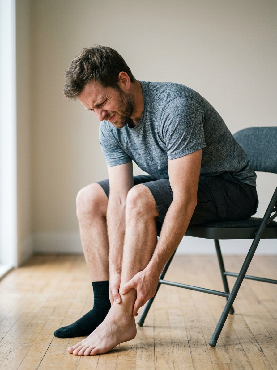 White male veteran in his 30s seated on a chair reaching for his heel and Achilles tendon showing inward bowing and discomfort