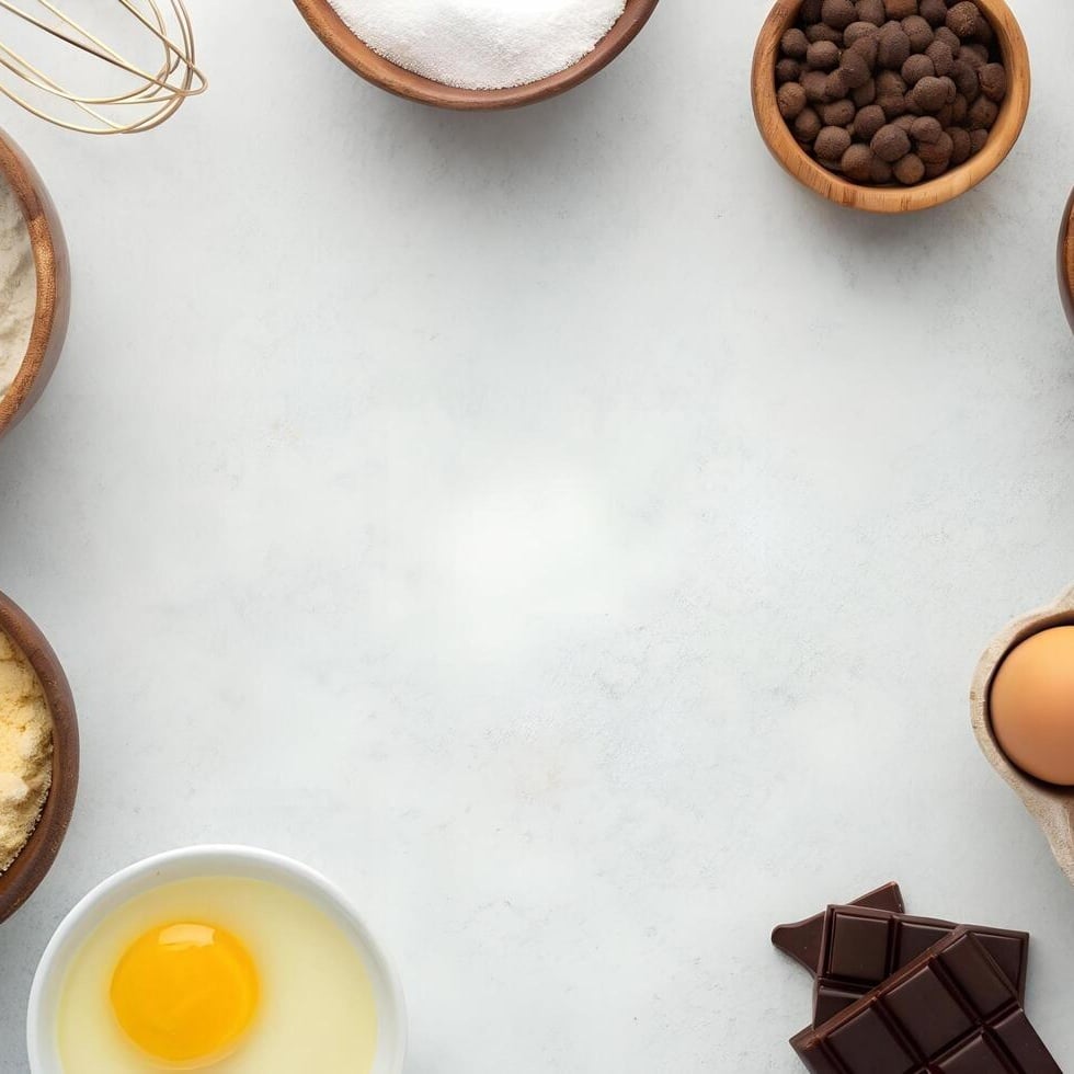 Ingredientes organizados para confeitaria com ovos, farinha e chocolate