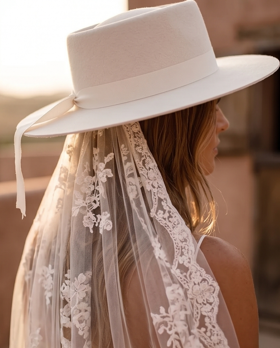 Mariée de dos, fedora blanc DIGNITA PARIS et voile de dentelle — cour andalouse terracotta