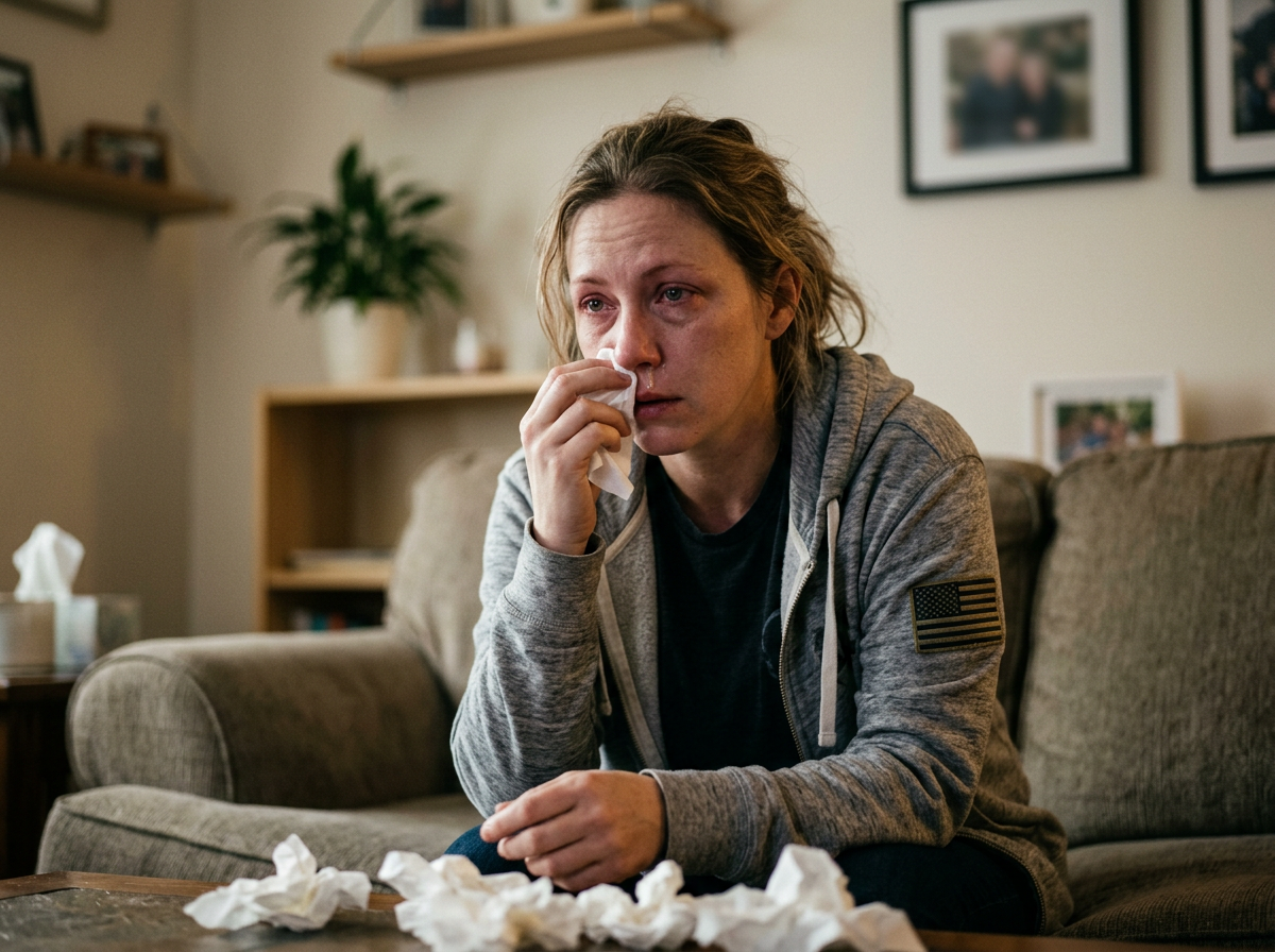 White female veteran in her 30s holding a tissue to a clear runny nose while seated at home