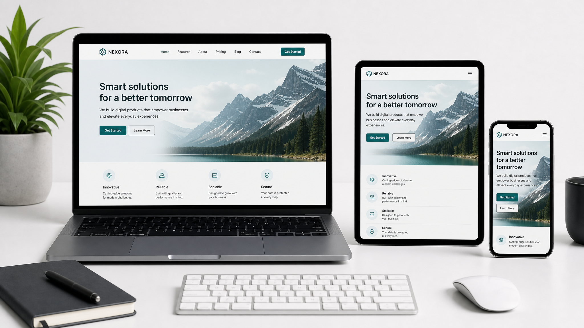 Responsive Website-Mockup mit konsistentem Branding auf verschiedenen Geräten