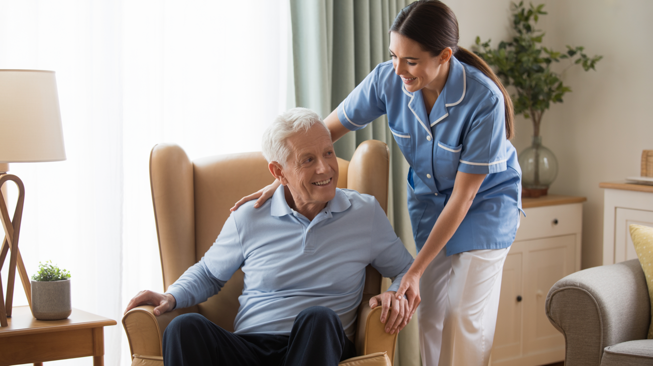 Professional caregiver providing assistance to senior client in home environment