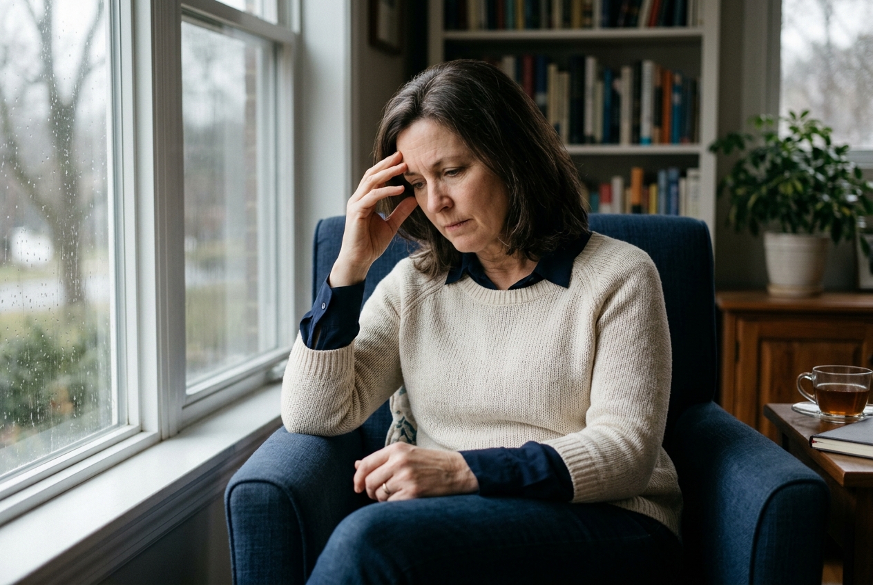 A woman sitting quietly by a window during a moment of worry