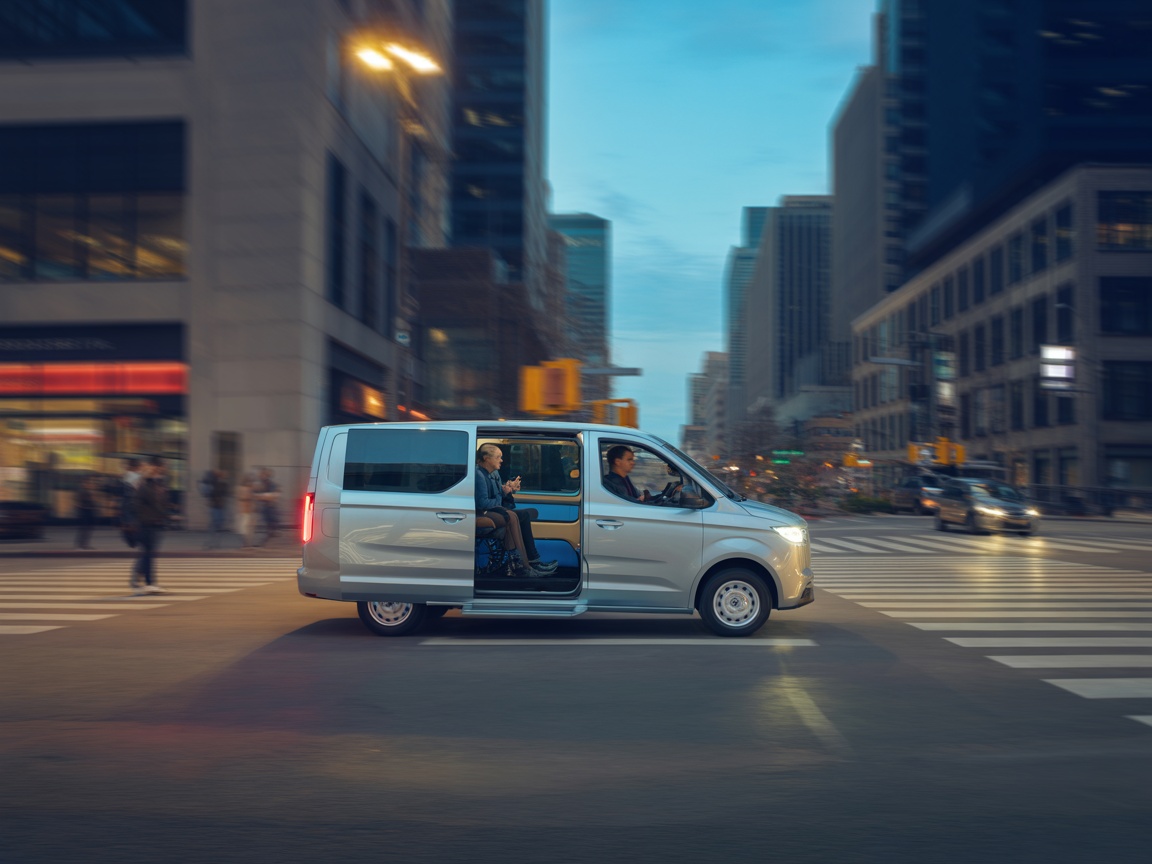Wheelchair accessible van driving through vibrant city street