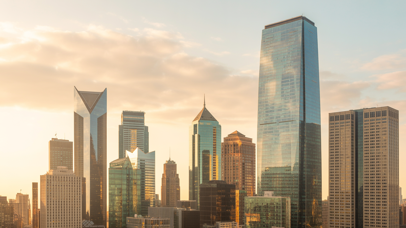 Financial district cityscape at golden hour