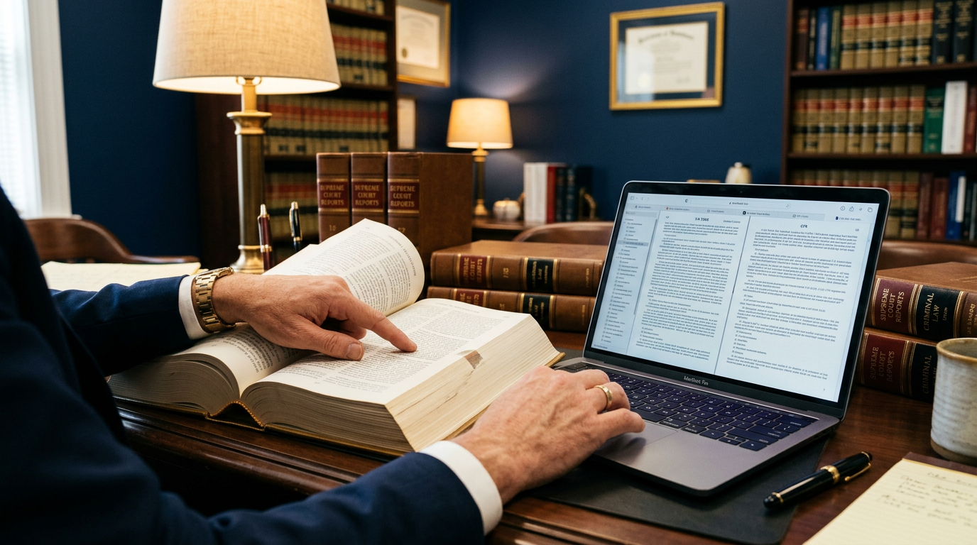 Law and regulation reference books beside a laptop showing legal statutes