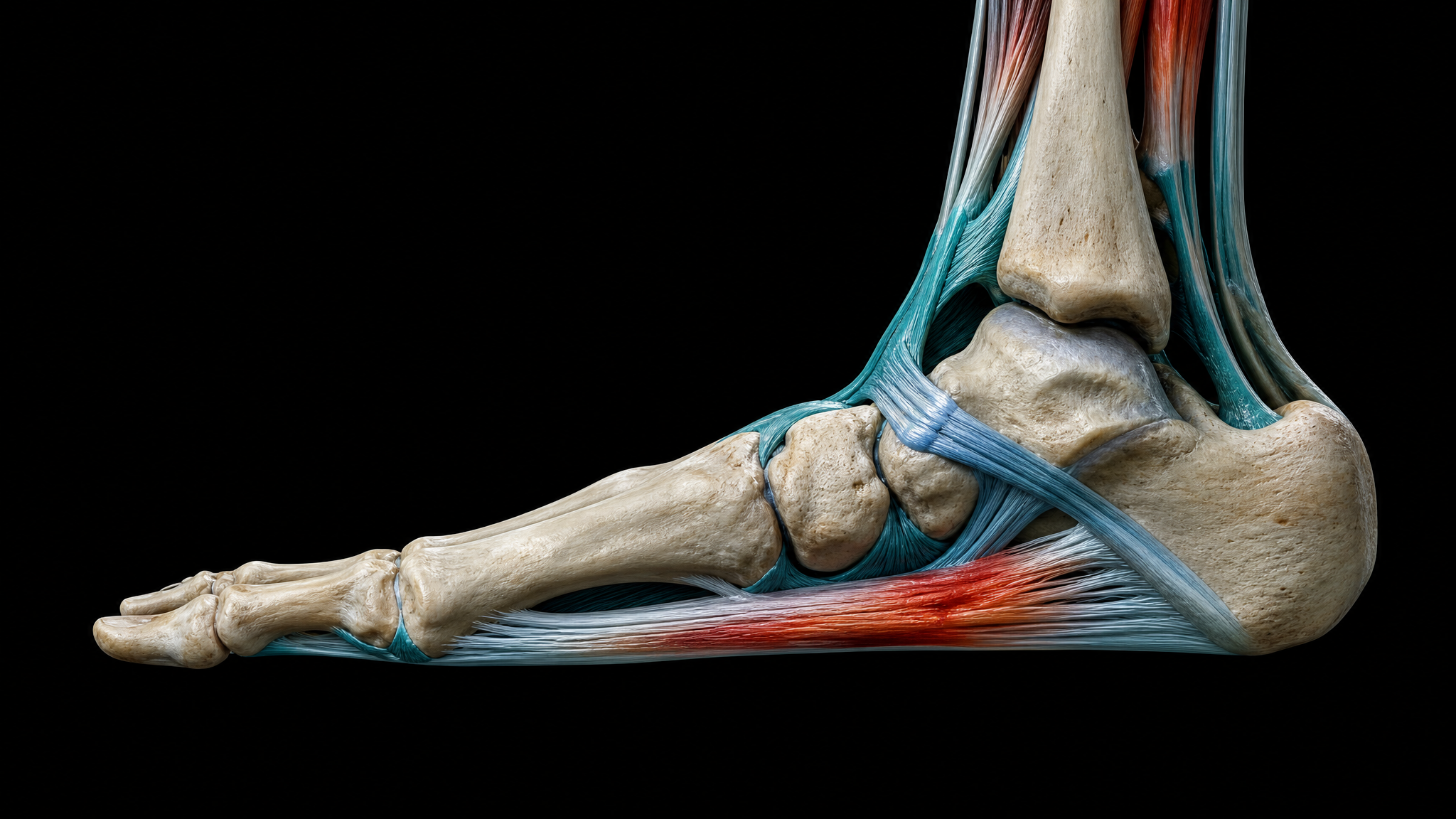 3D anatomical illustration of a human foot skeleton showing a collapsed medial arch with the bones flattened toward the ground and the heel rolled outward on a black background