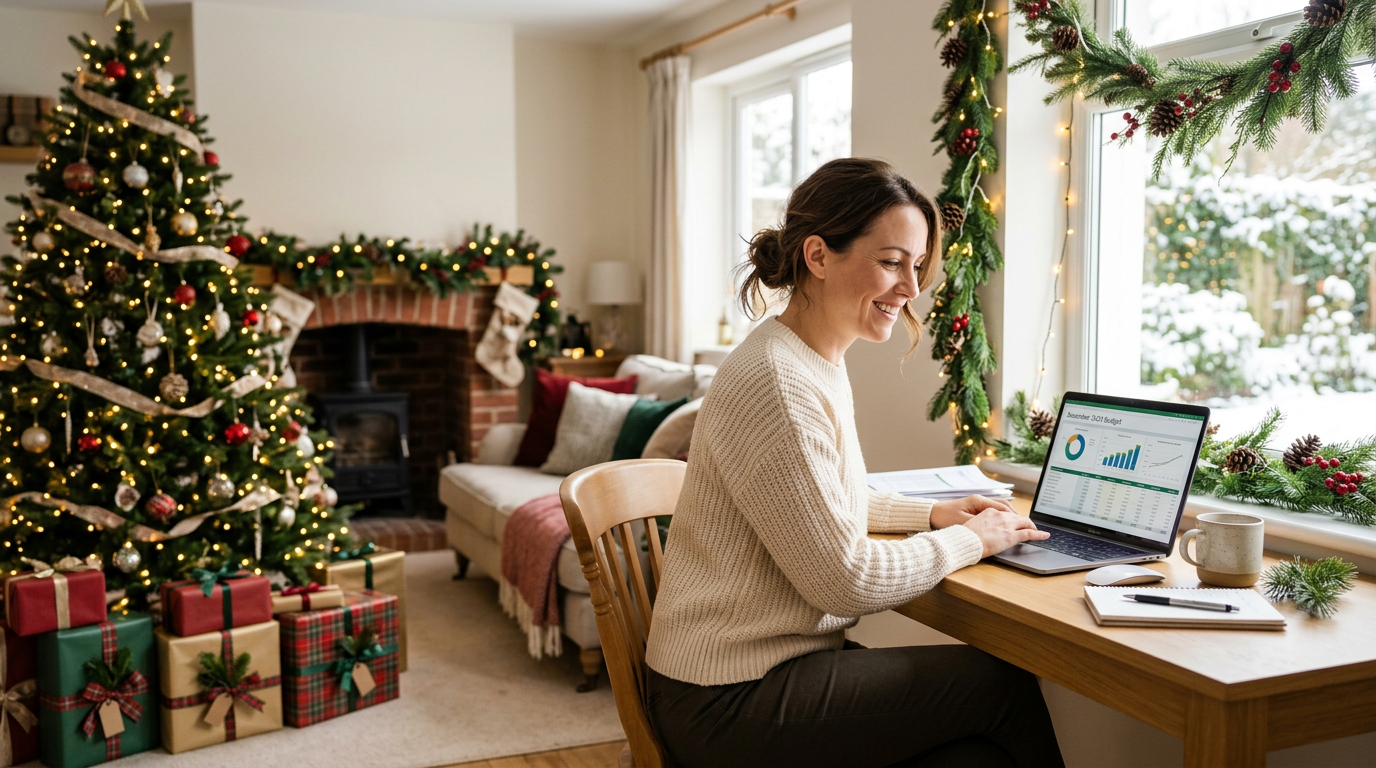 A bright Christmas living room with tasteful gifts and a person budgeting on a laptop