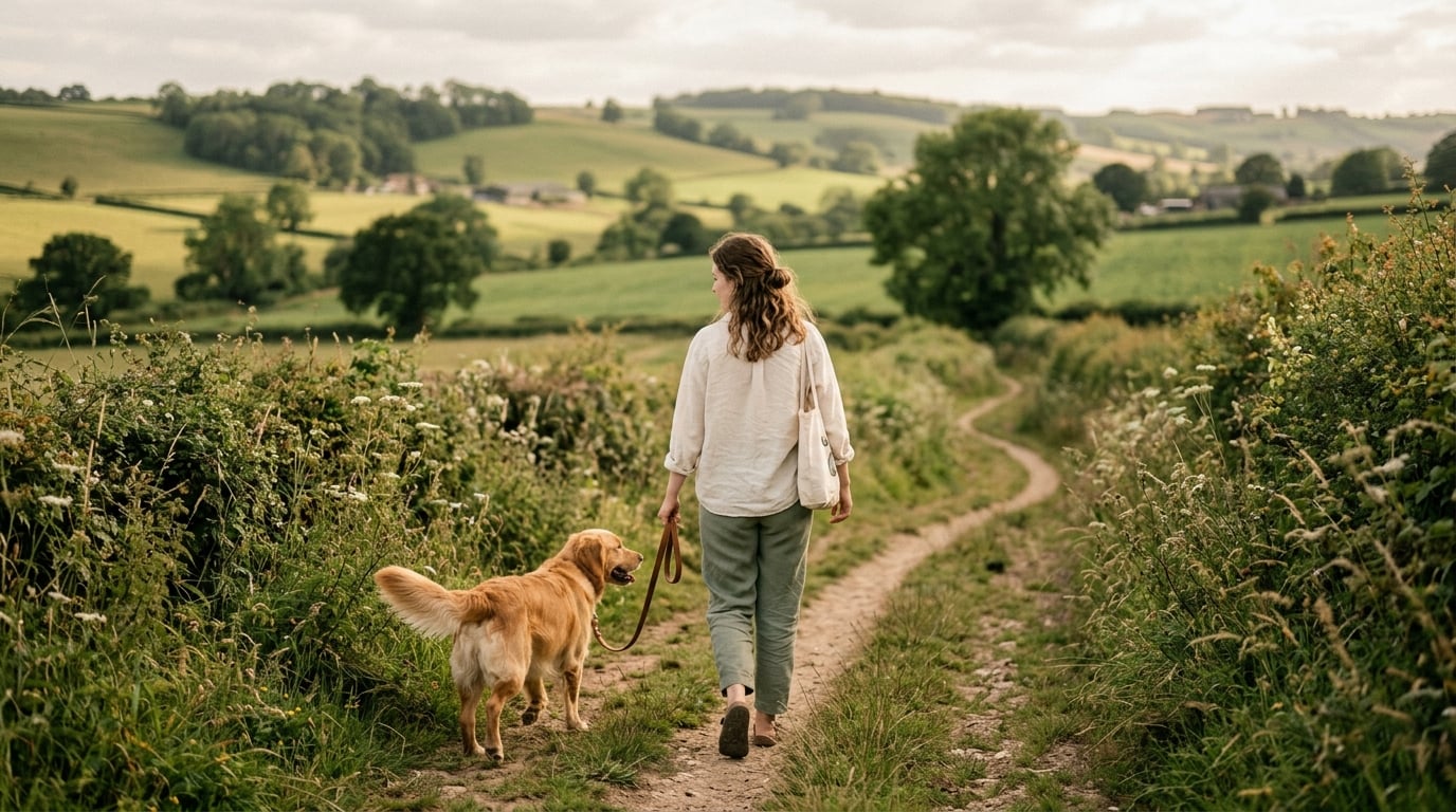 Woman walking her dog in the British countryside